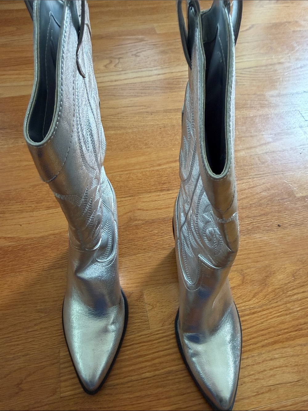 Nine West Metallic Silver Pointed-Toe Western Moto Boots